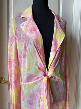 ESCADA Silk Chiffon Watercolor Rose Tie-Front Duster Jacket